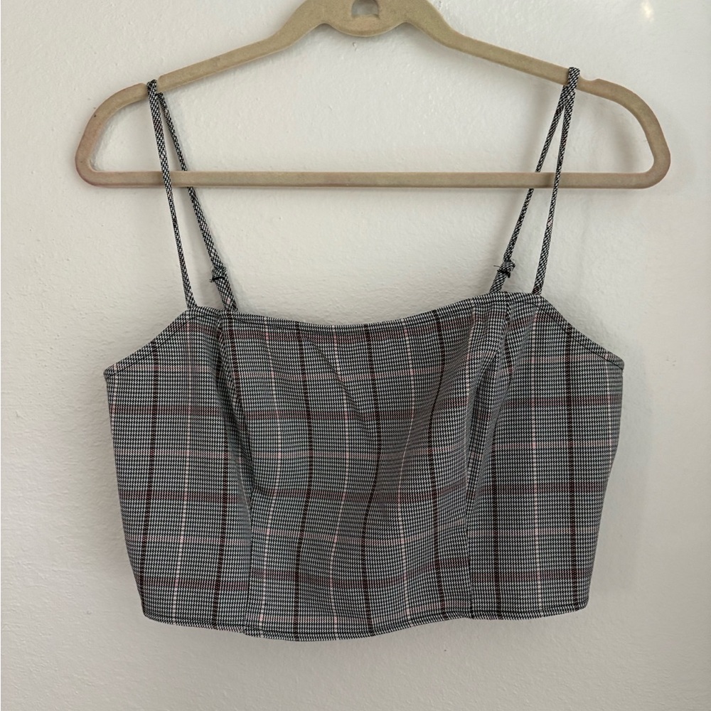 Gilded Intent Size L Gray & Pink Plaid Stretch Cropped Camisole Tank Top